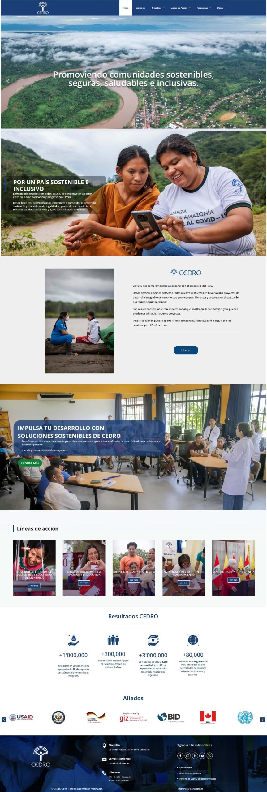Interfaz del sitio web institucional de CEDRO desarrollado con WordPres